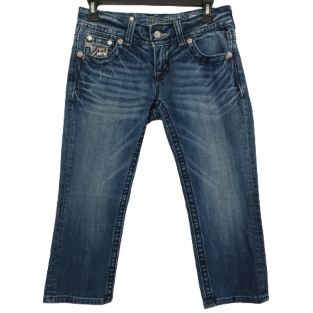 MISS ME Women's Blue Embellished Cropped Low Rise Jeans Capri Pants Size 26 - Picture 2 of 11